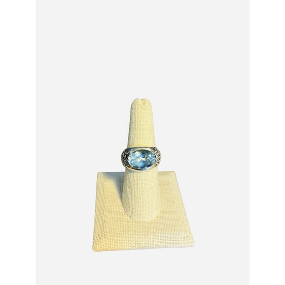 Intricate Sterling Silver Blue Topaz Filigree Ring - Oval Cut .925 Size 8 - Picture 1 of 4
